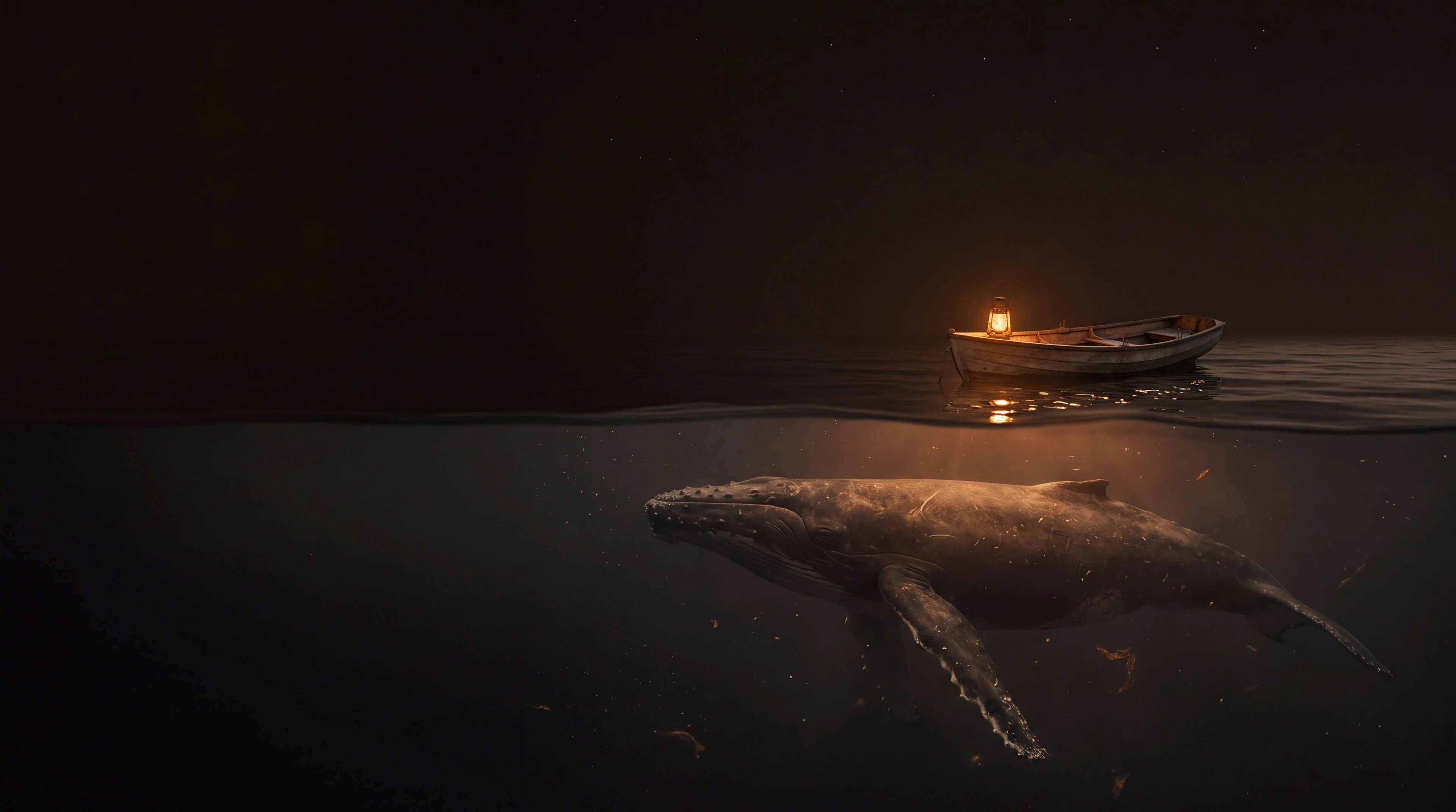 A small rowboat with a lantern on a dark sea, and a whale many times its size gliding unseen beneath it